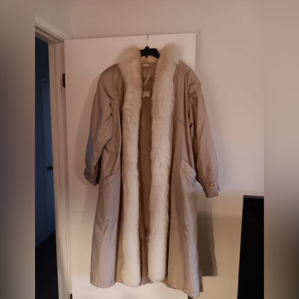 Marvin Richards Tan Trench Coat with sheared Rabbit Fur Trim